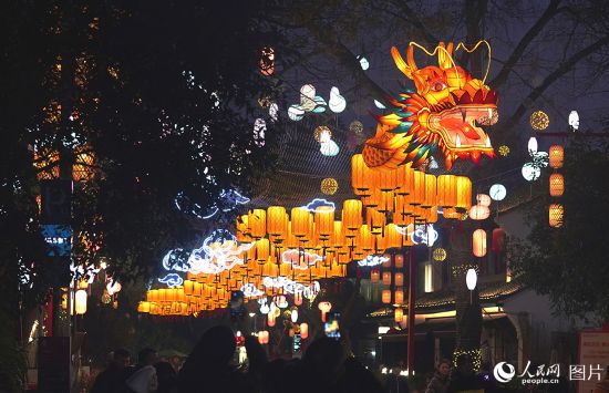 2月10日，游客在杭州西溪湿地的“百丈龙灯”前打卡留念。“百丈龙灯”位于西溪湿地内蒋村集市慢生活街区，长40余米，蜿蜒盘旋与周边各色花灯交相辉映。人民网记者 郭扬摄 
